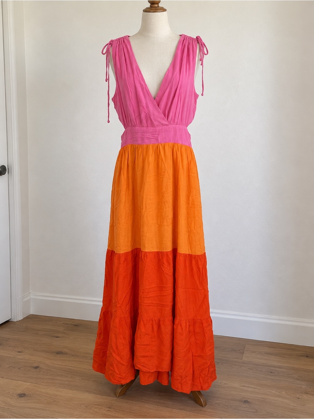 Sleeveless Pink and Orange Colorblock Maxi Dress